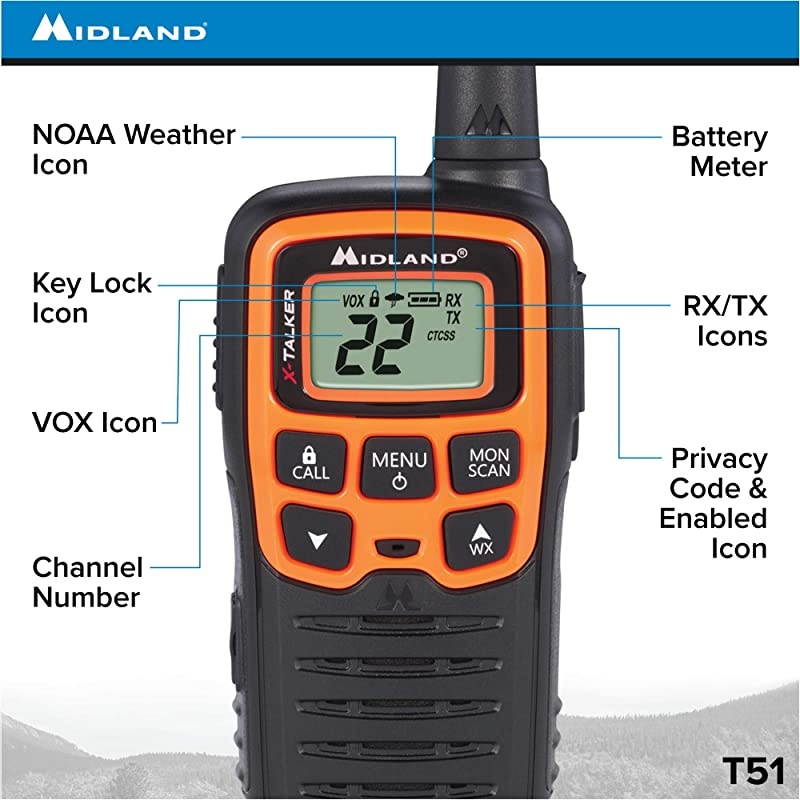 T51VP3 22 Channel FRS Walkie Talkie - Up to 28 Mile Range Two-Way Radio - Orange/Black (Pack of 10)