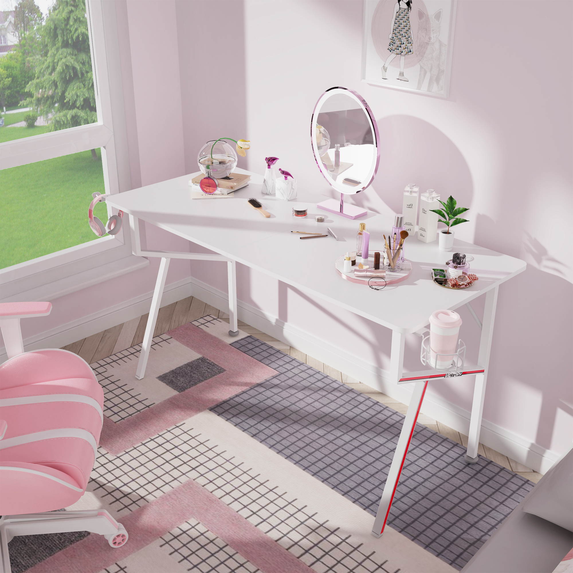 EUREKA ERGONOMIC Gaming Desk 55" K Shaped Large Home Office Gaming Computer Table, with Controller Stand Cup Holder Headphone Hook Free Mousepad, White