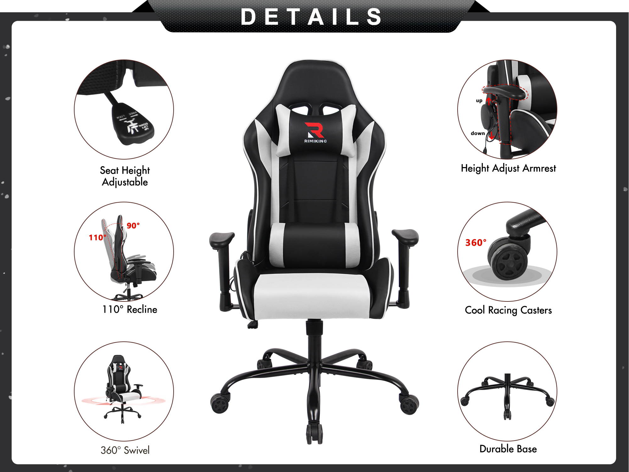 RIMIKING Massage Racing High Back Ergonomic  Computer Gaming Chair  Soft Headrest&Backrest Desk Chair Swivel Adjustable Armrest  Office Chair