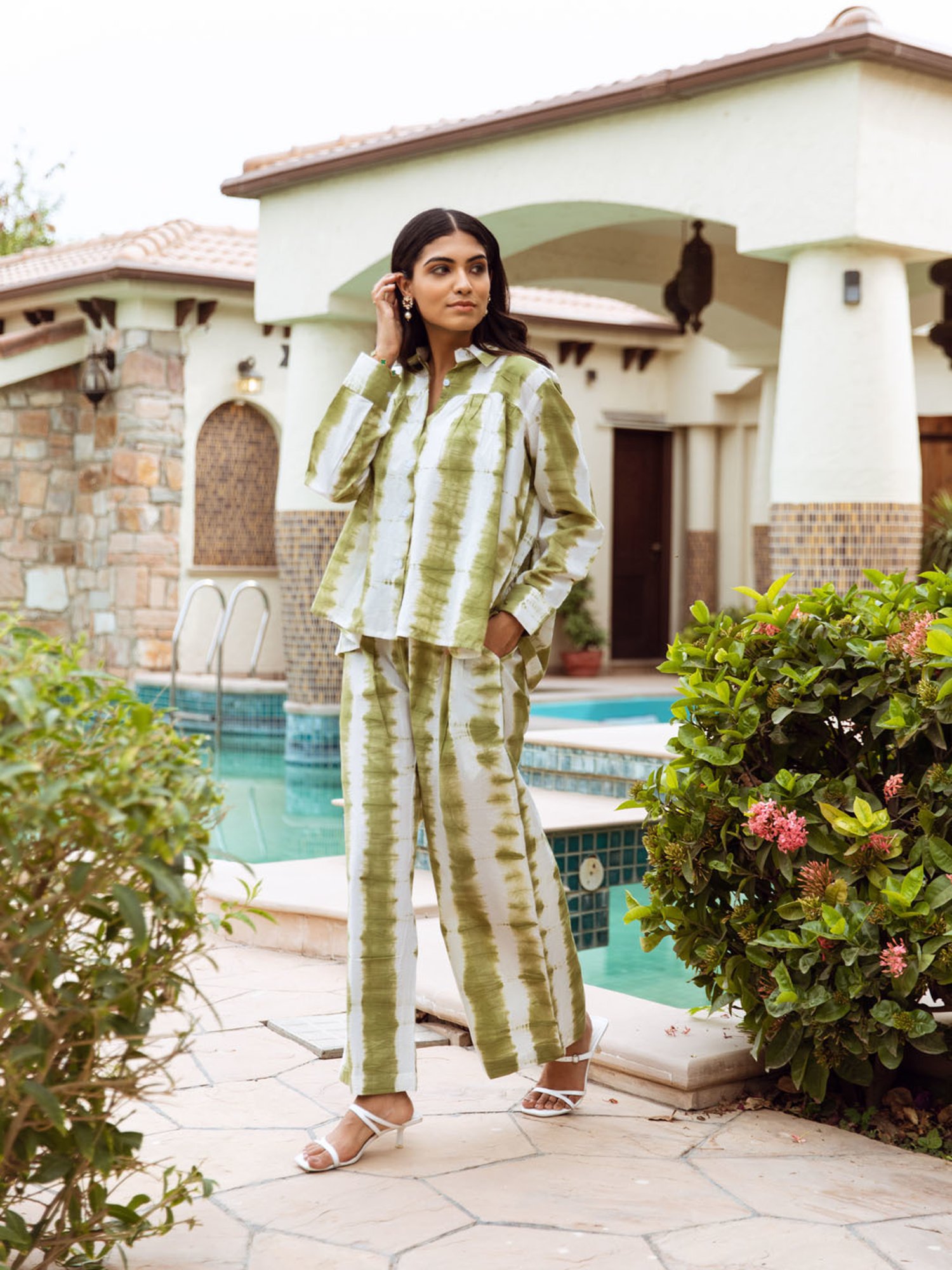 Asrumo White Green Tie Dye Cotton Coord Set