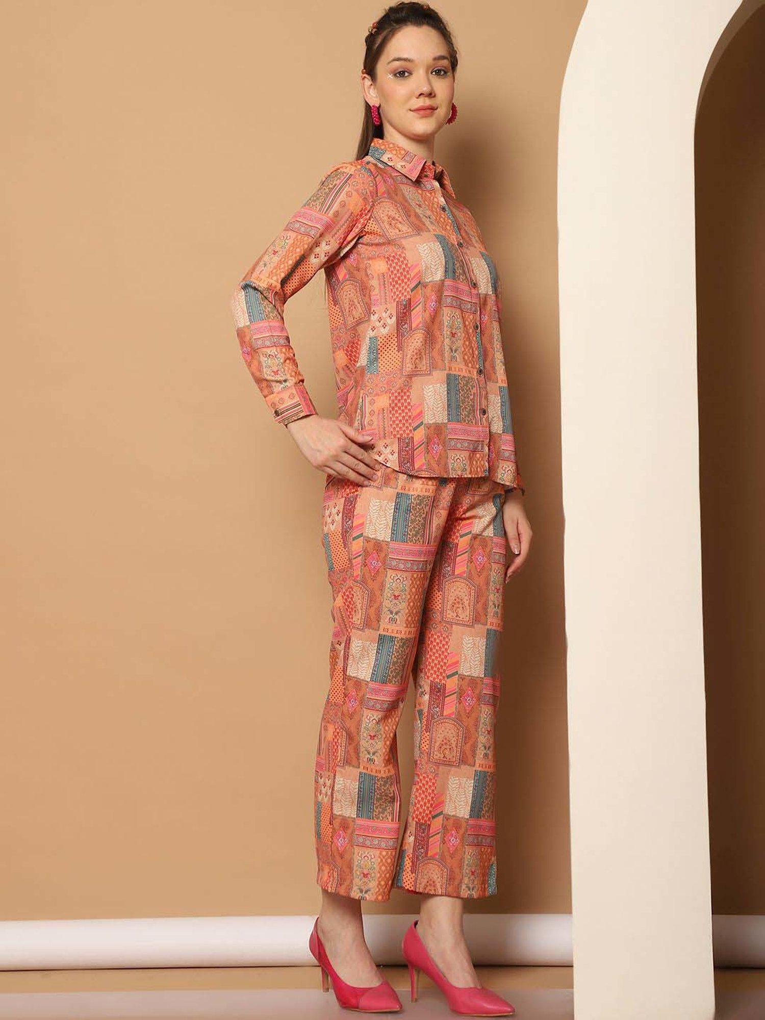 Indian Needle Orange Printed Shirt Pants Set