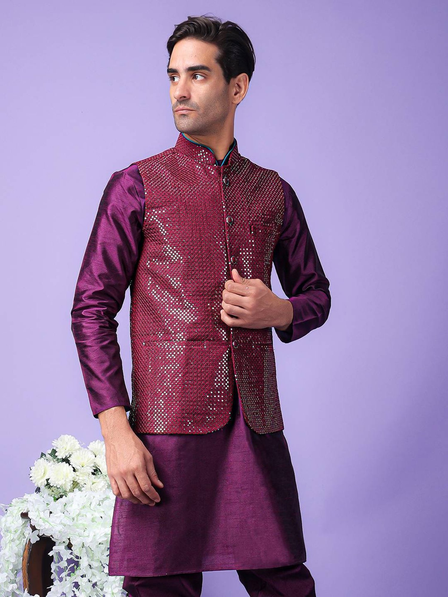 Hangup Purple Regular Fit Embellished Nehru Jacket