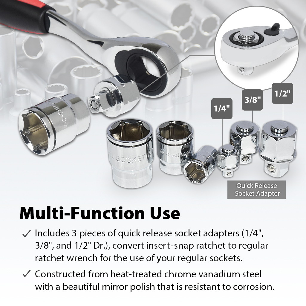FIRSTINFO Low Profile Go-Through Socket Wrench 52 Pcs Set, 1/4" 3/8" 1/2" Wrench, Spline Sockets For Damaged Fasteners