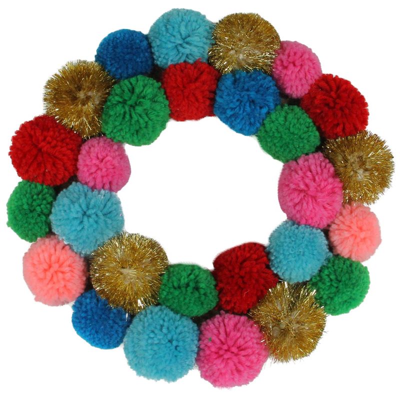 Northlight 11.5" Multi-Color Bohemian Christmas Pom Pom Wreath
