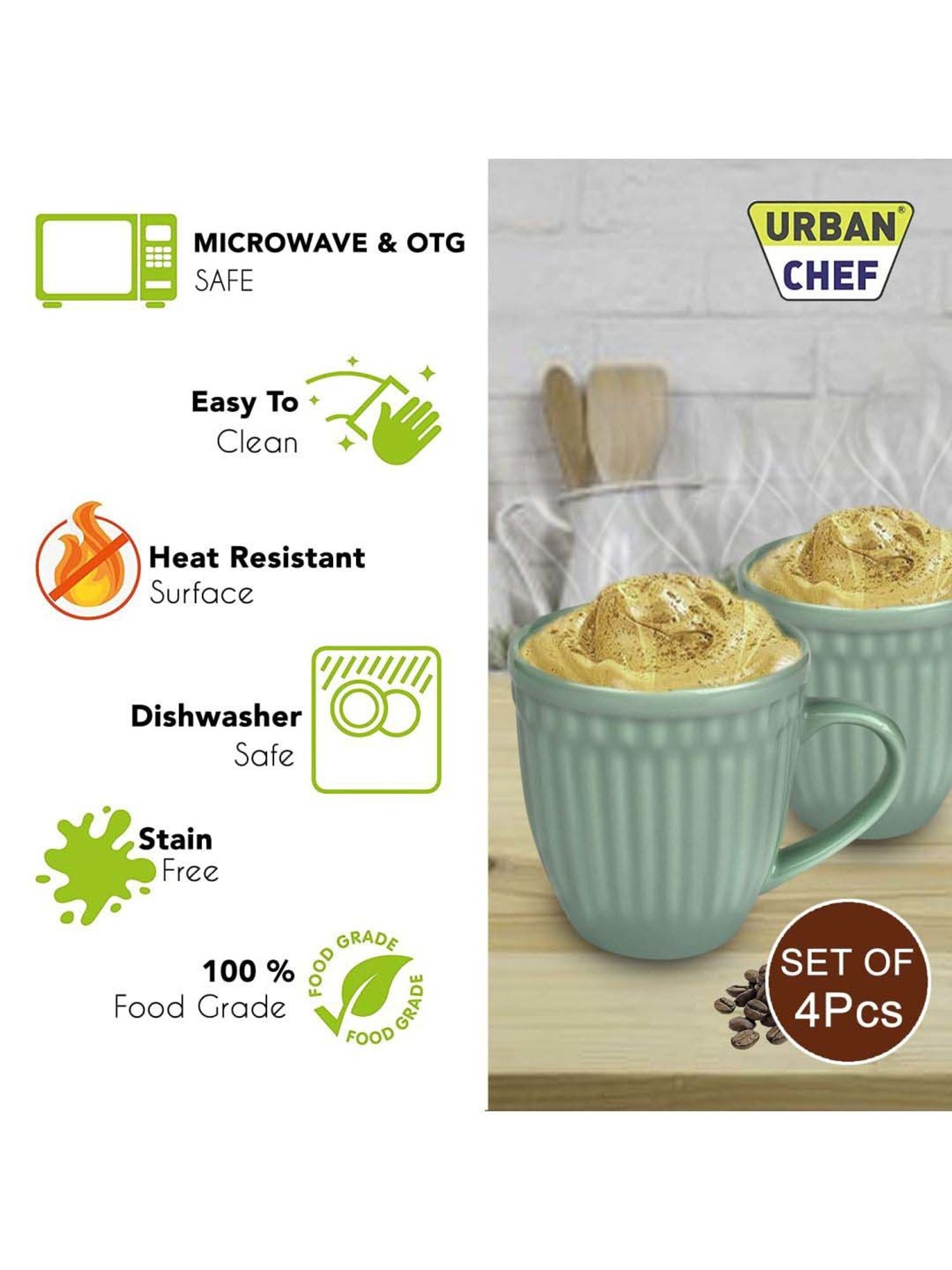 Urban Chef Brown & Green Ceramic Handcrafted Microwave Safe Tea Cup - Set of 4