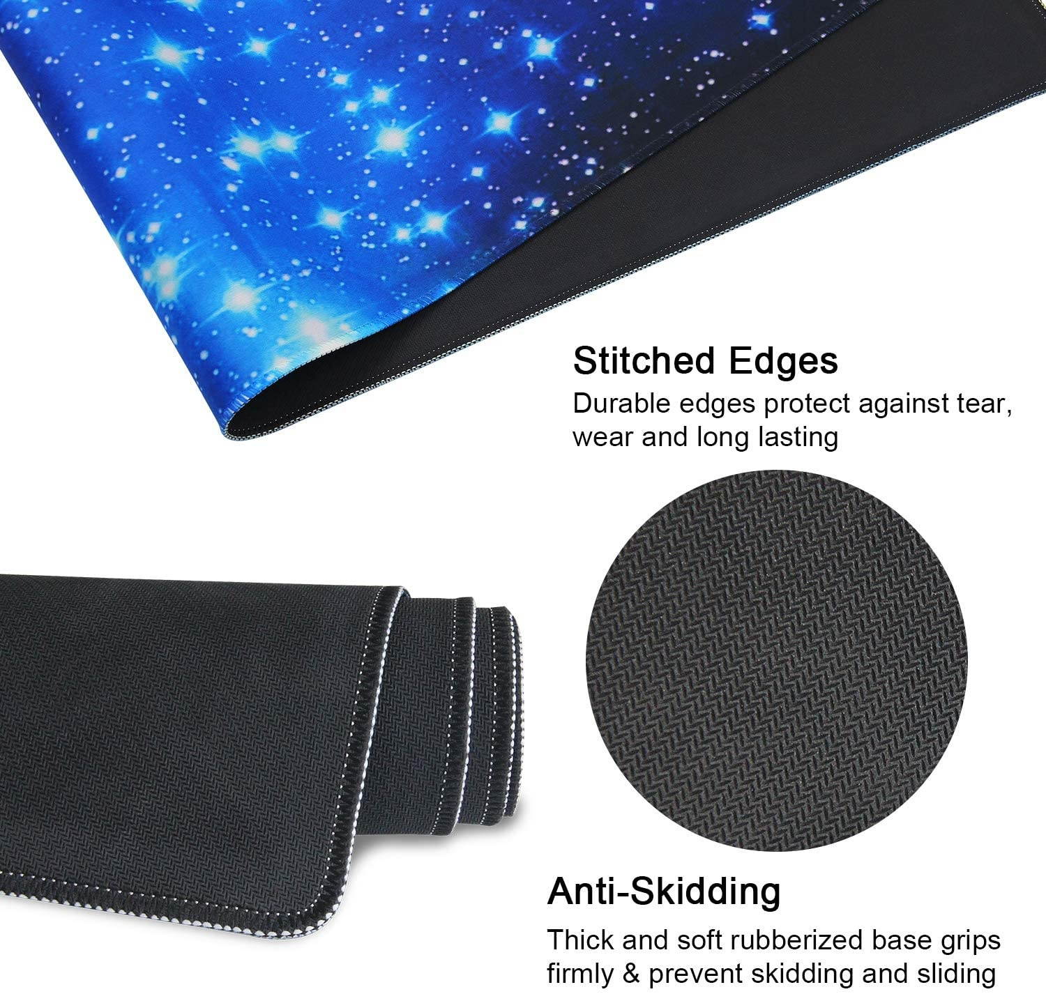 Meffort Inc Extra Large Extended Gaming Desk Mat Non-Slip Rubber Pads Stitched Edges Mouse Pad 35.4 x 15.7 inch - Galaxy Stars