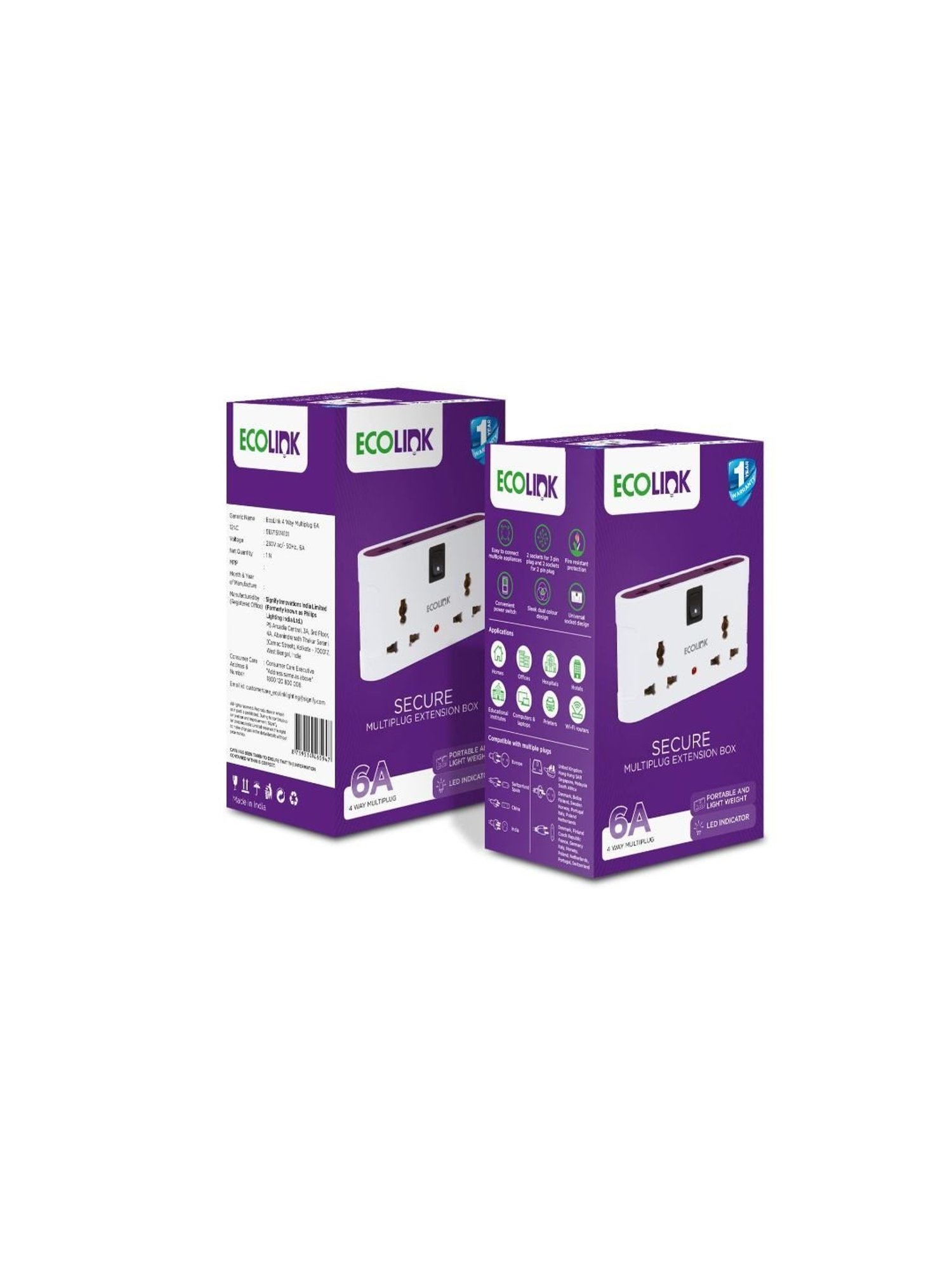 EcoLink Secure 4 way 6A Univeral Mulitplug Adpater Extension Box - Pack of 4 (White & Purple)