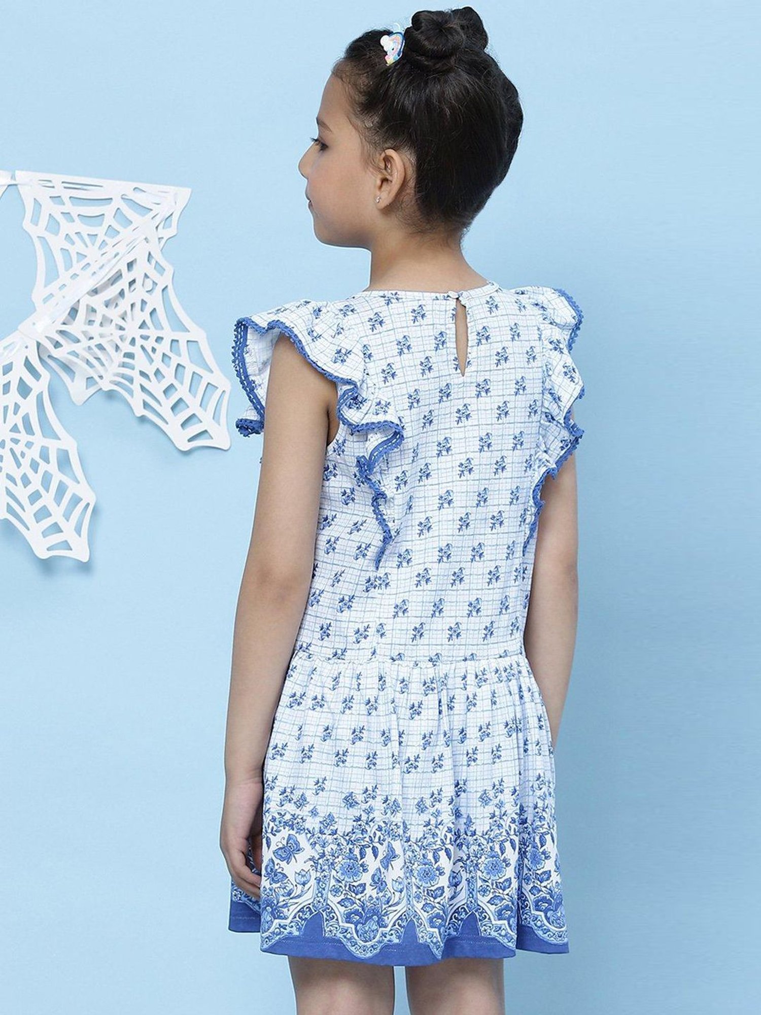 BIBA Girls White Cotton Printed Dress