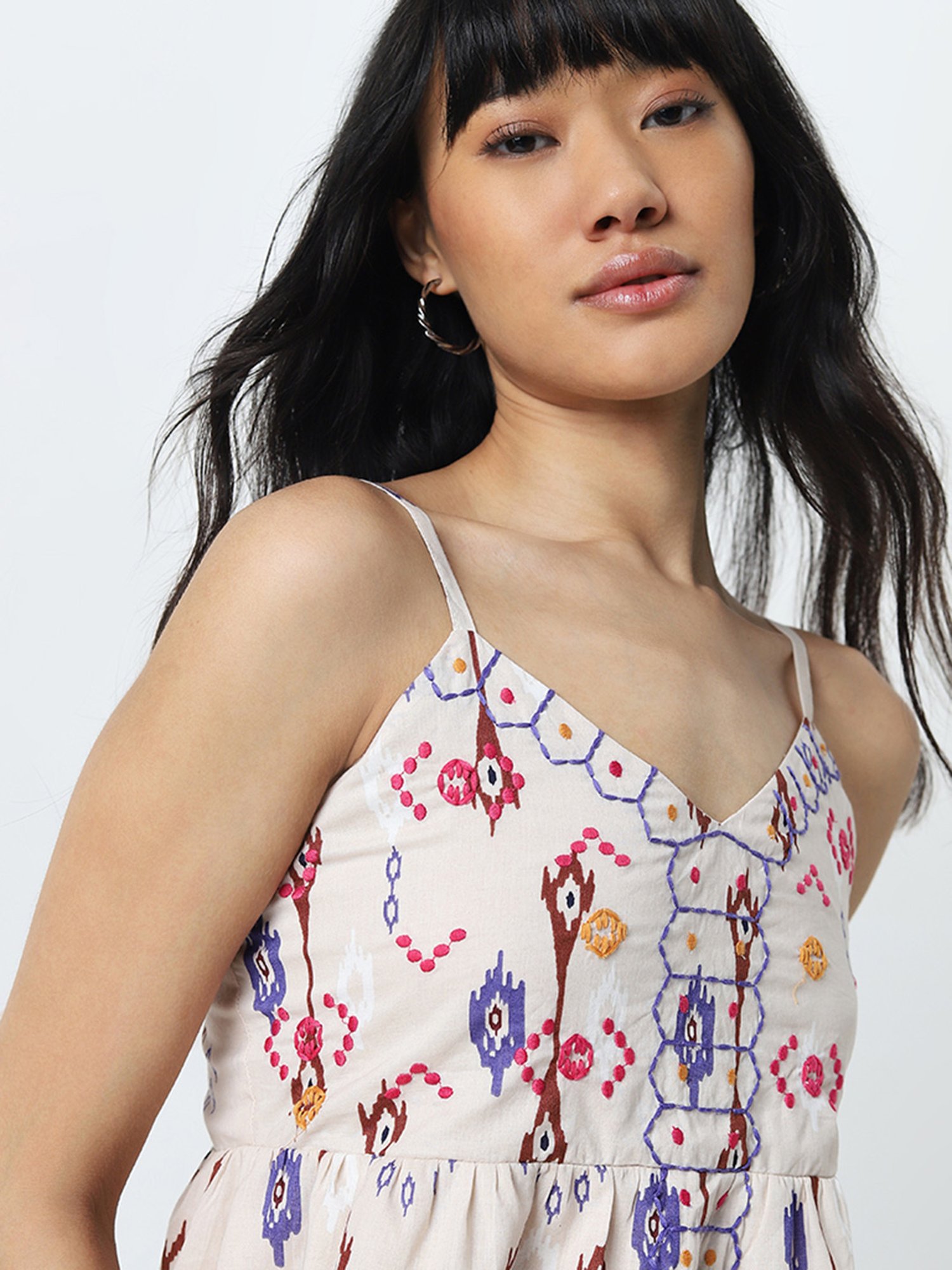 Bombay Paisley by Westside Light Beige Ikat Embroidered Cotton Top