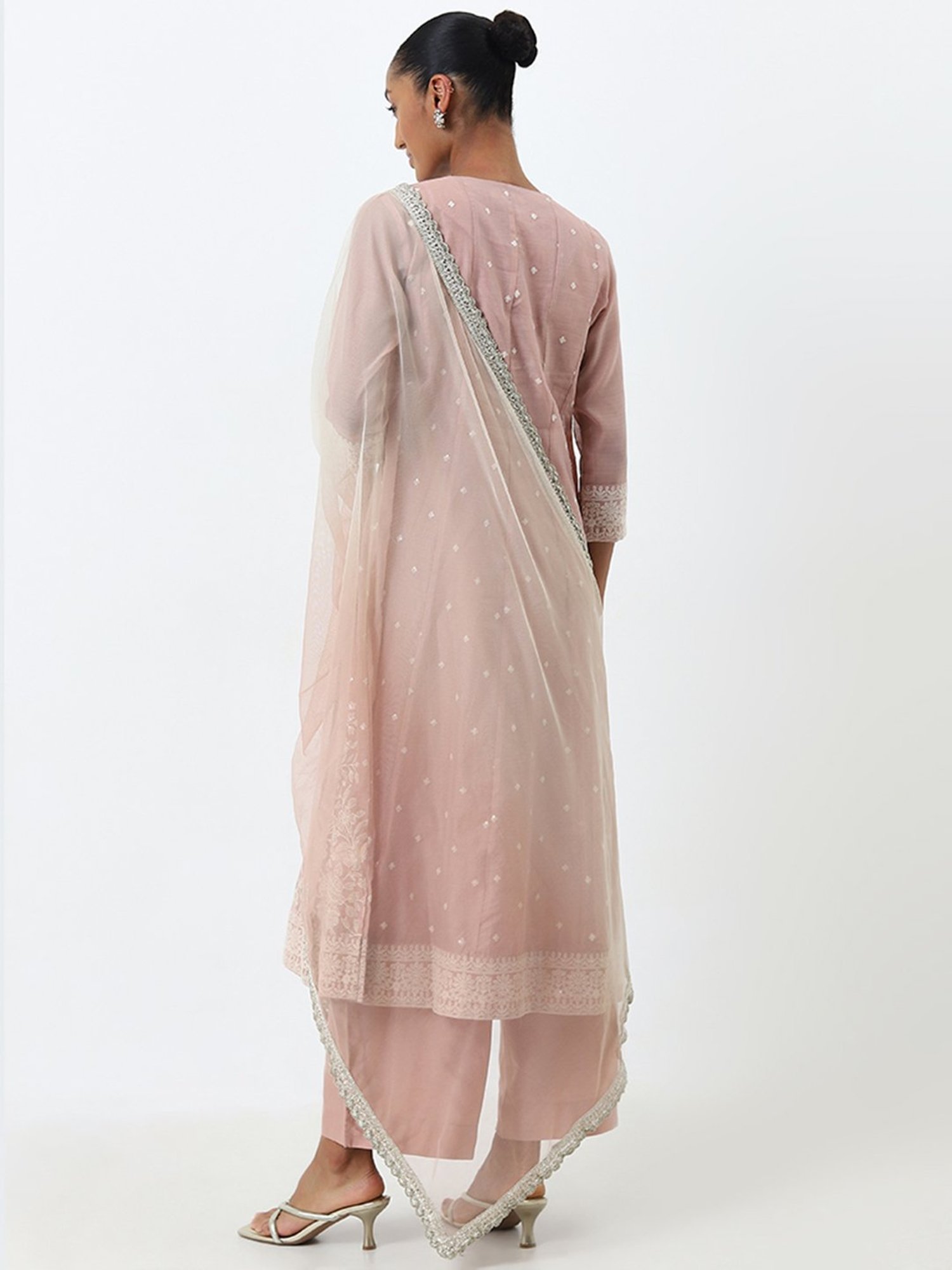 Vark by Westside Blush Pink Embroidered Kurta, Pants and Dupatta Set