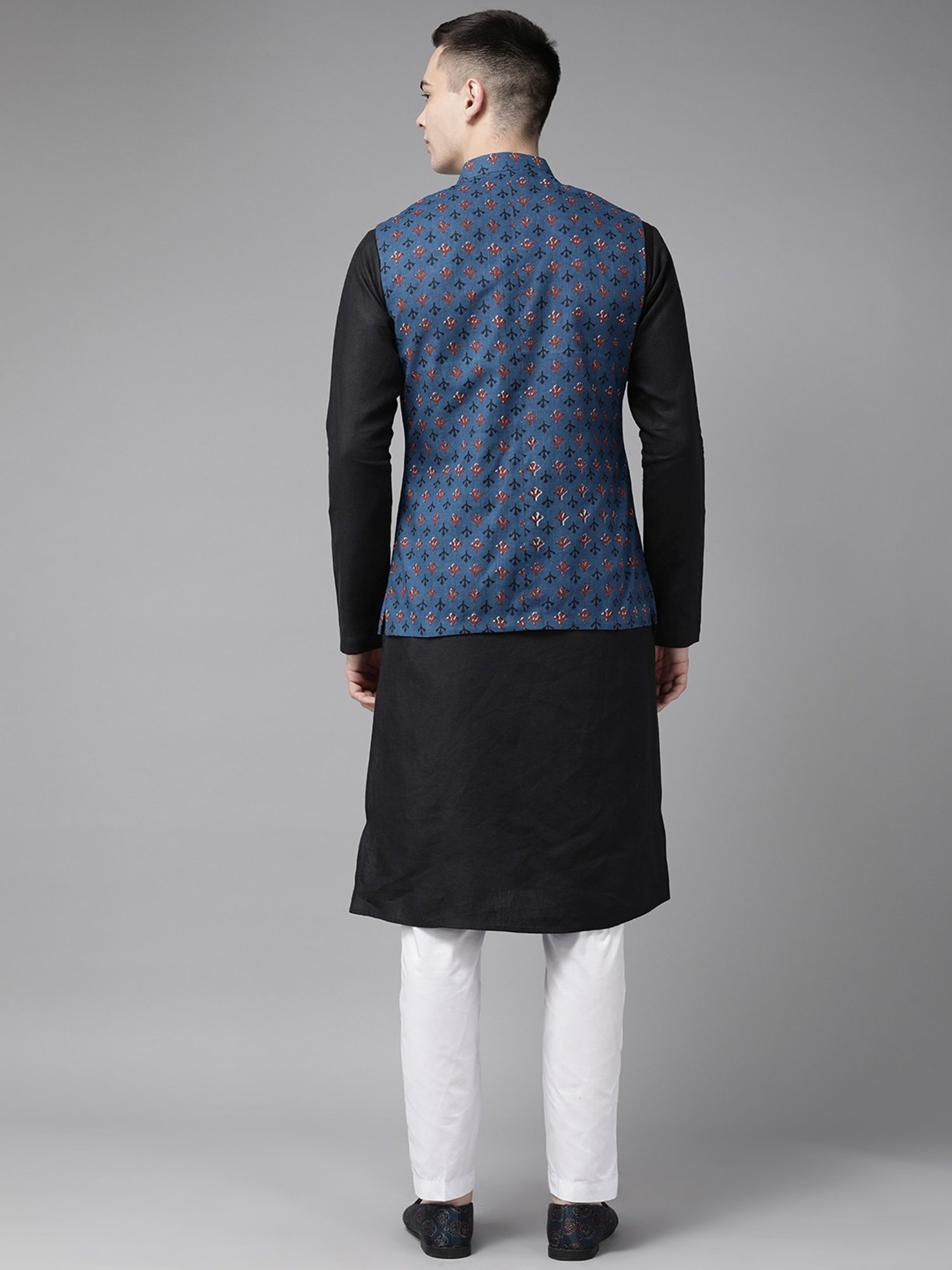 See Designs Blue Cotton Regular Fit Printed Nehru Jacket