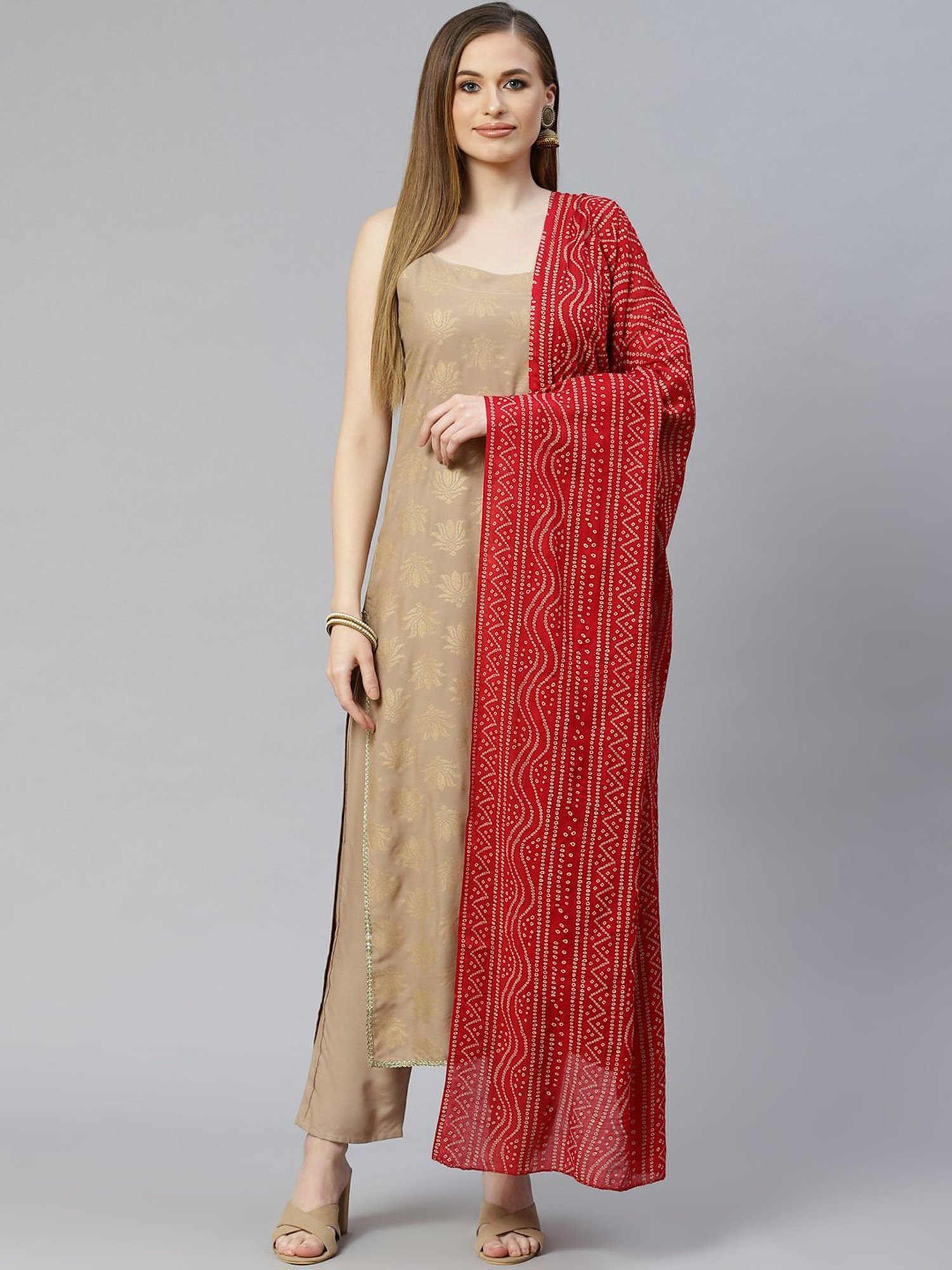 Stylum Beige Floral Print Kurta Pant Set With Dupatta