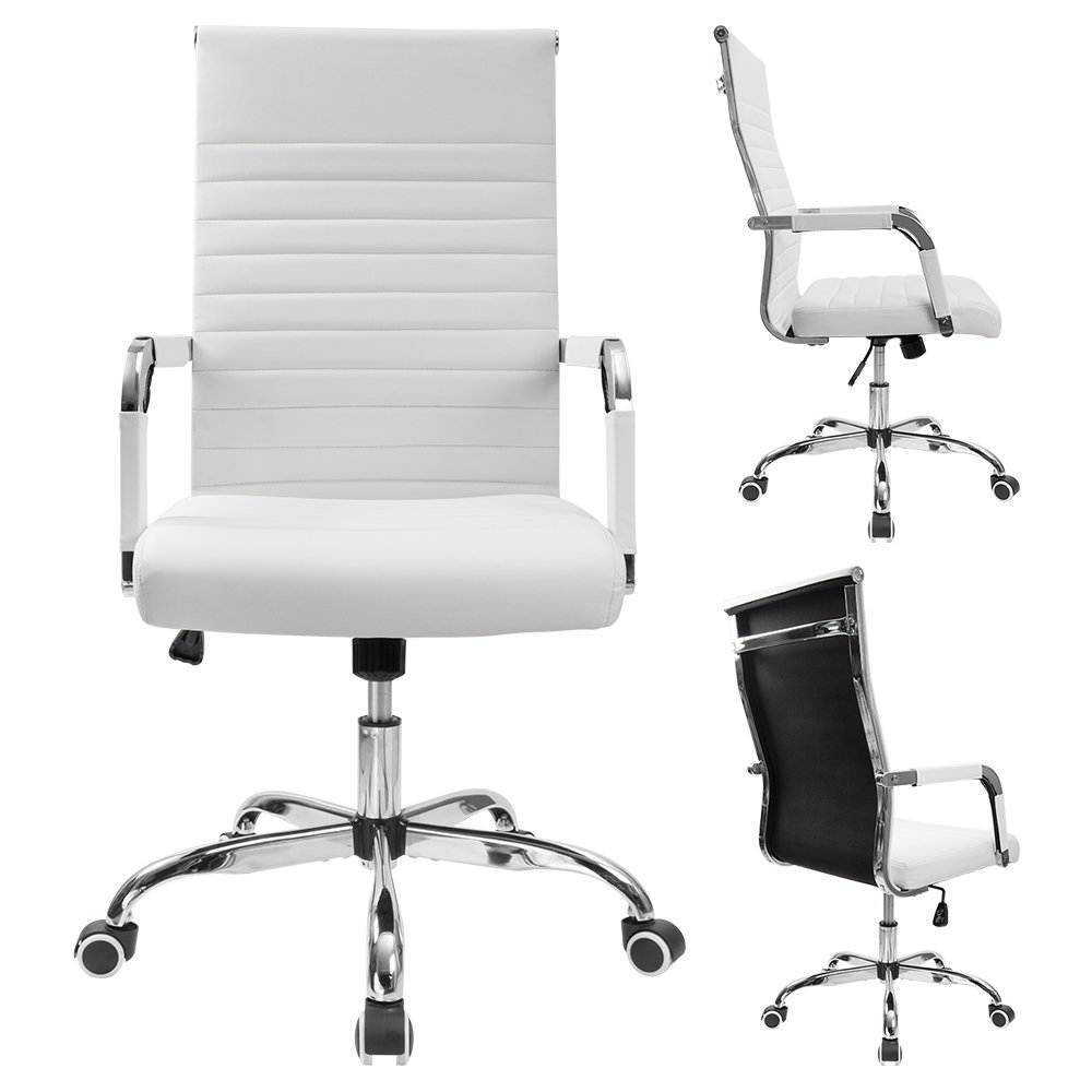 Furmax Ribbed Office Desk Chair Mid-Back PU Leather Executive Conference Task Chair Adjustable Swivel Chair with Arms (White)