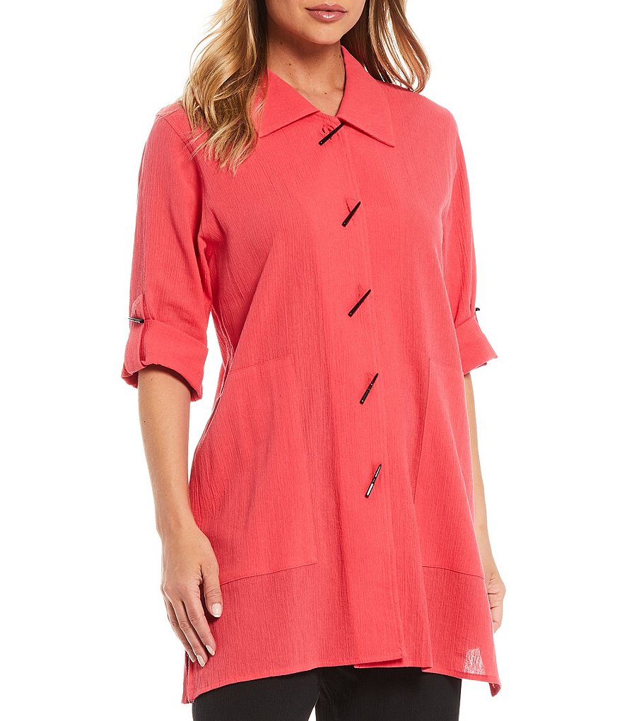 Caroline Rose Crinkle Cotton Point Collar Neck Roll-Tab 3/4 Sleeve Long Shirt