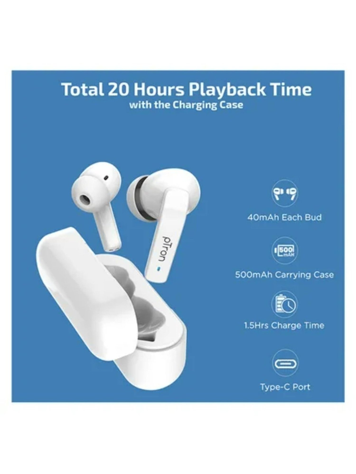 PTron Basspods 992 Active Noise Cancelling ANC Bluetooth 5.0 Wireless Earbuds (White)