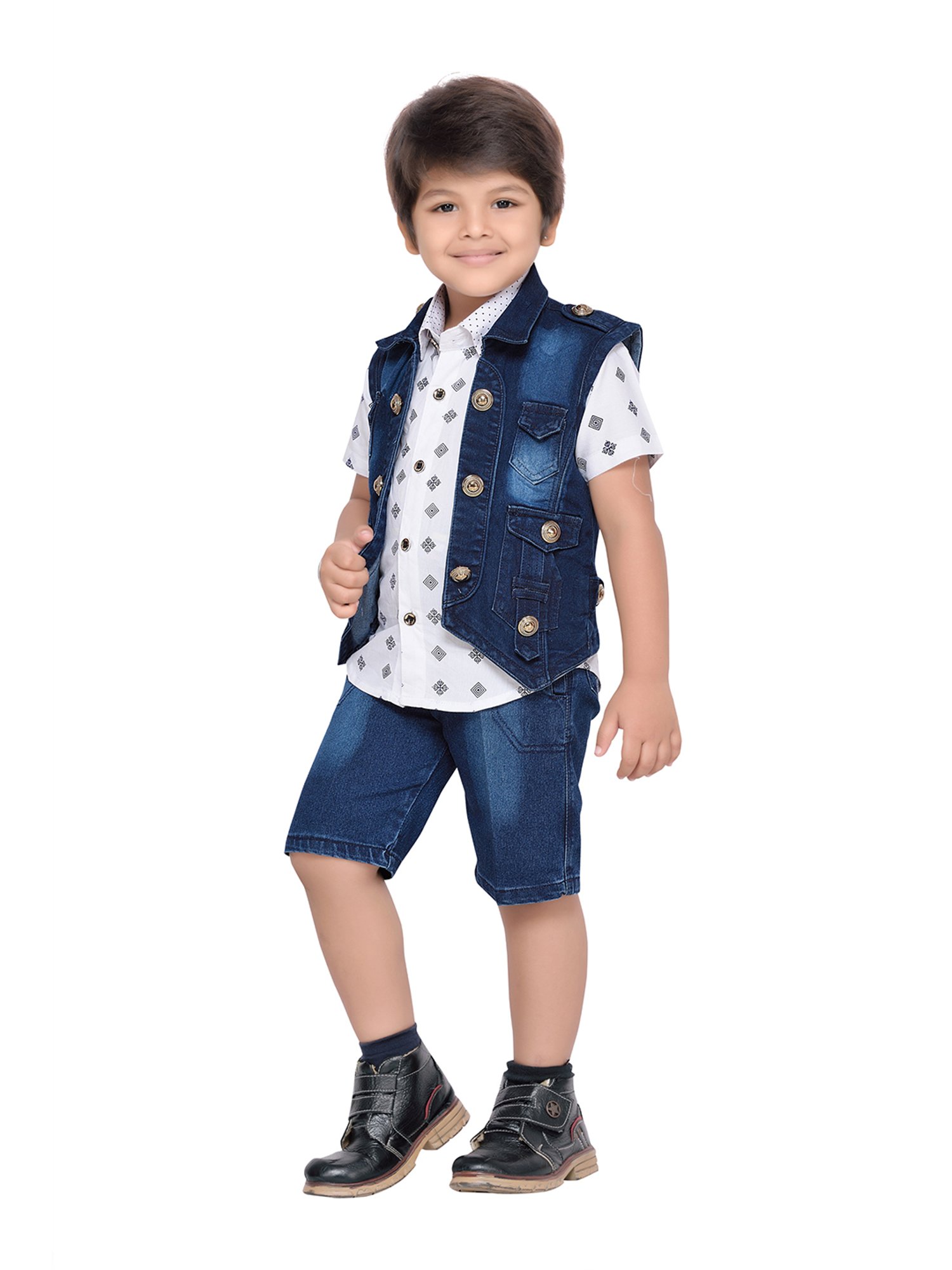AJ Dezines Kids Sky Blue & Black Solid Full Sleeves Shirt, Pants, Coat, Waistcoat with Tie