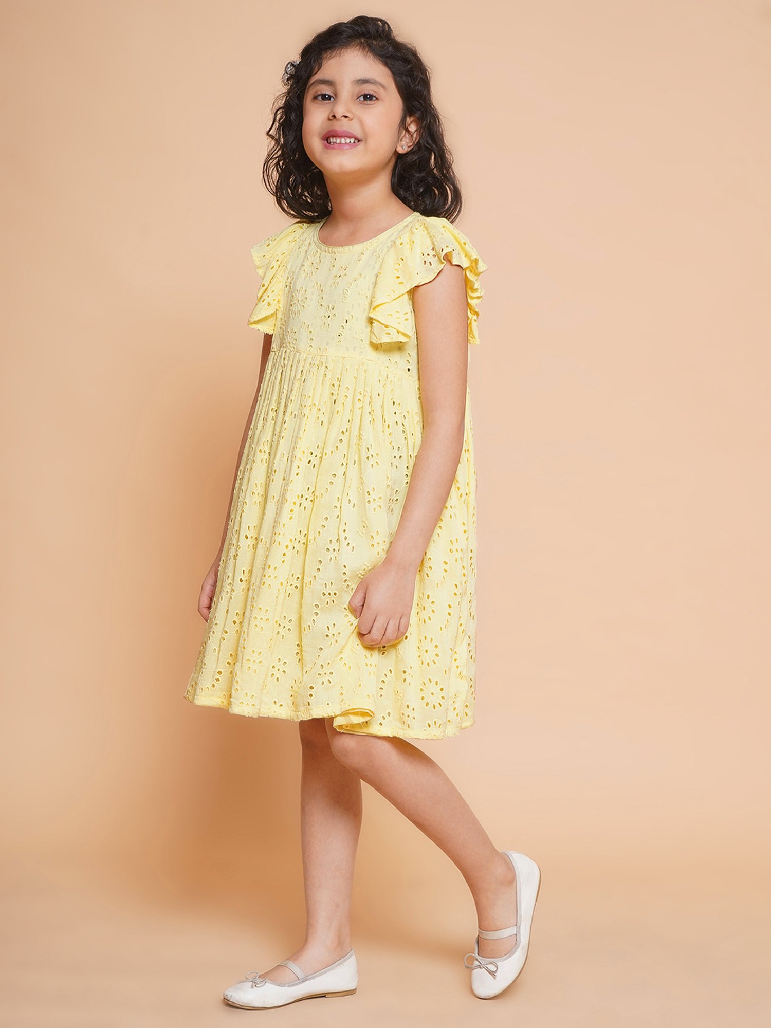 Little Bansi Kids Yellow Self Design Dress