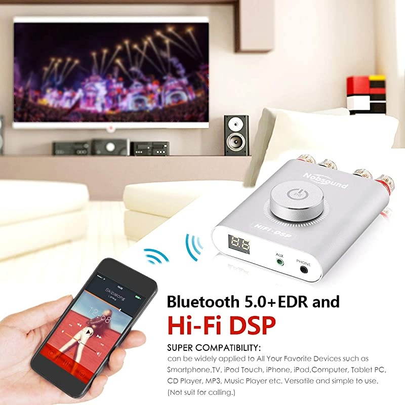 NS-20G 200W Mini Bluetooth 5.0 Power Amplifier 2.0 Channel Wireless Receiver Hi-Fi DSP Stereo Headphone Audio Amp LED Display (Silver)