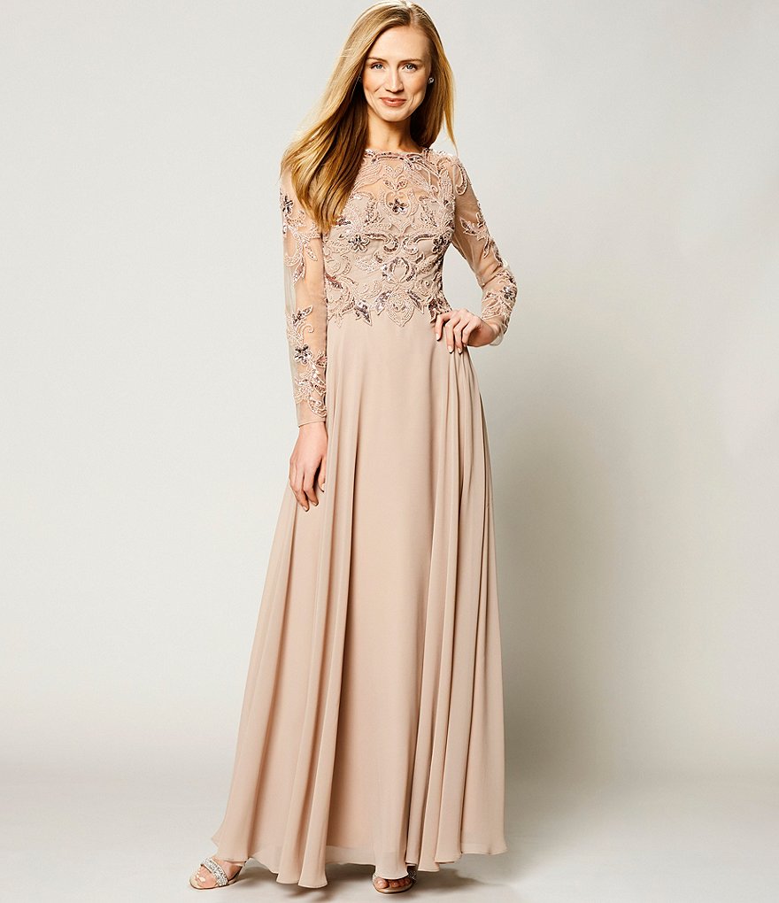 Xscape Jewel Neck Long Sleeve Beaded Bodice Chiffon Gown