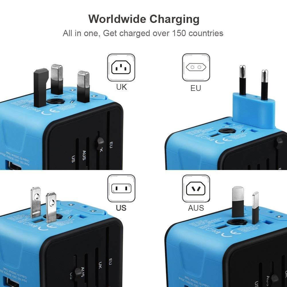 Universal Travel Adapter, HAOZI All-in-one International Power Adapter with 2.4A Dual USB, European Adapter Travel Power Adapter Wall Charger for UK, EU, AU, Asia Covers 150+Countries (Blue)
