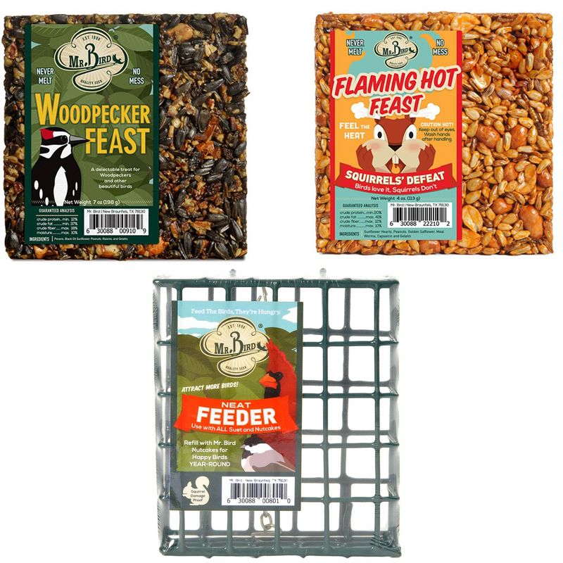 Home & Garden 4.5" 2 Small Cakes &  Cage  Set / 3 Bird Flaming Hot Woodpecker Mr Bird  -  Bird And Wildlife Food