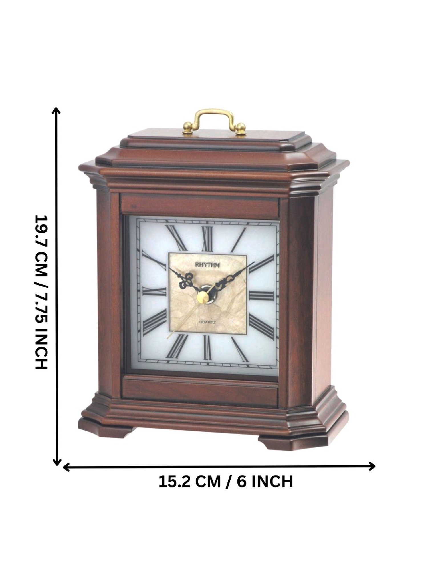RHYTHM Brown Wood Elegant Rectangular Sea Shell White Dial Table Clock