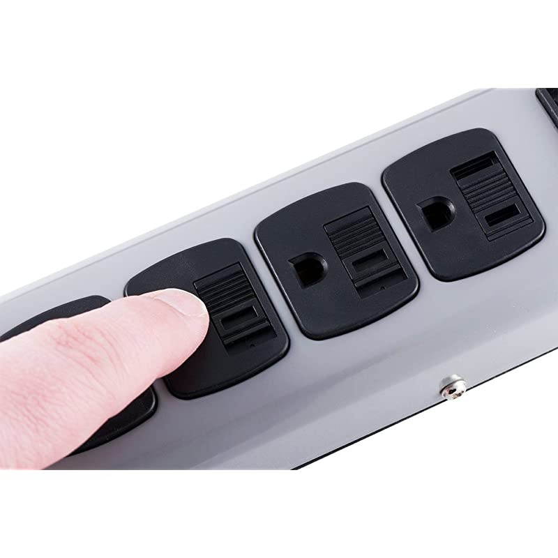 6 Outlet Sur Protector 3 Prong Power Strip 8 Ft Long Extension Cord SlidetoClose Safety Outlet Covers Heavy Duty Metal Design LED Protected Indicator Light Warranty UL Listed Grey 14021