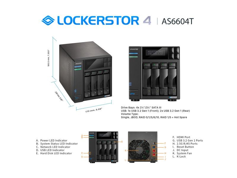 Asustor AS6604T 4Bay NAS Intel Gemini Lake -Refresh Quad-Core 4GB DDR4 SODIMM M.2 Slots Network Attached Storage