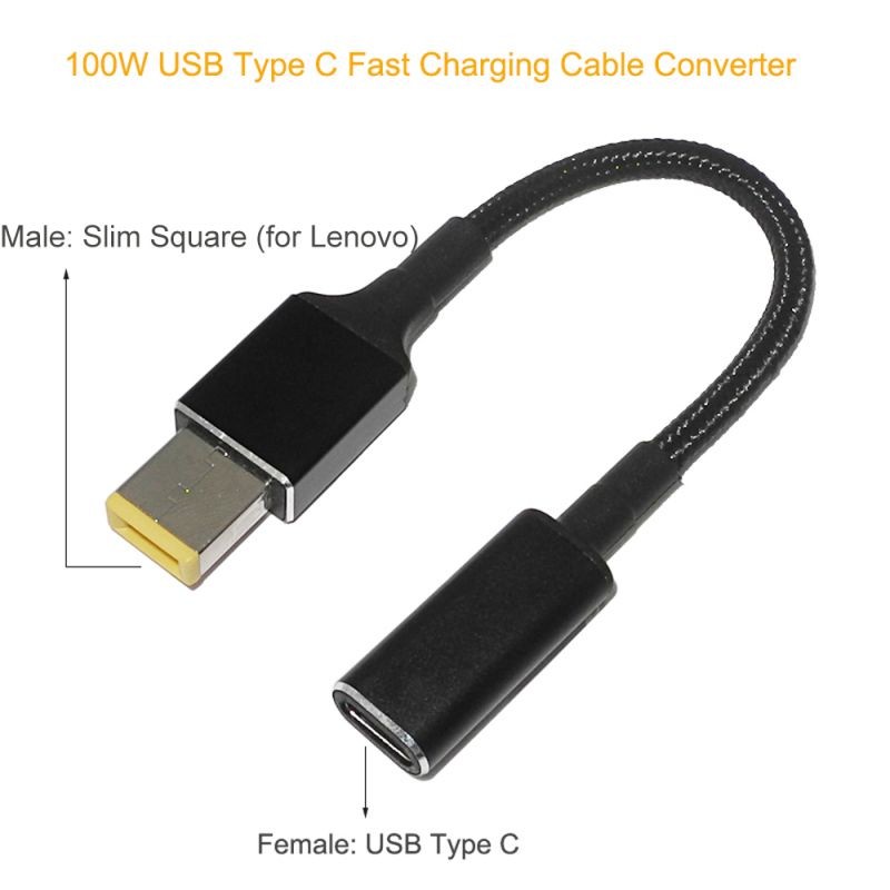 100W USB-C Type-C Female to Slim Square Tip PD Charger Power Converter Cable for Lenovo laptops