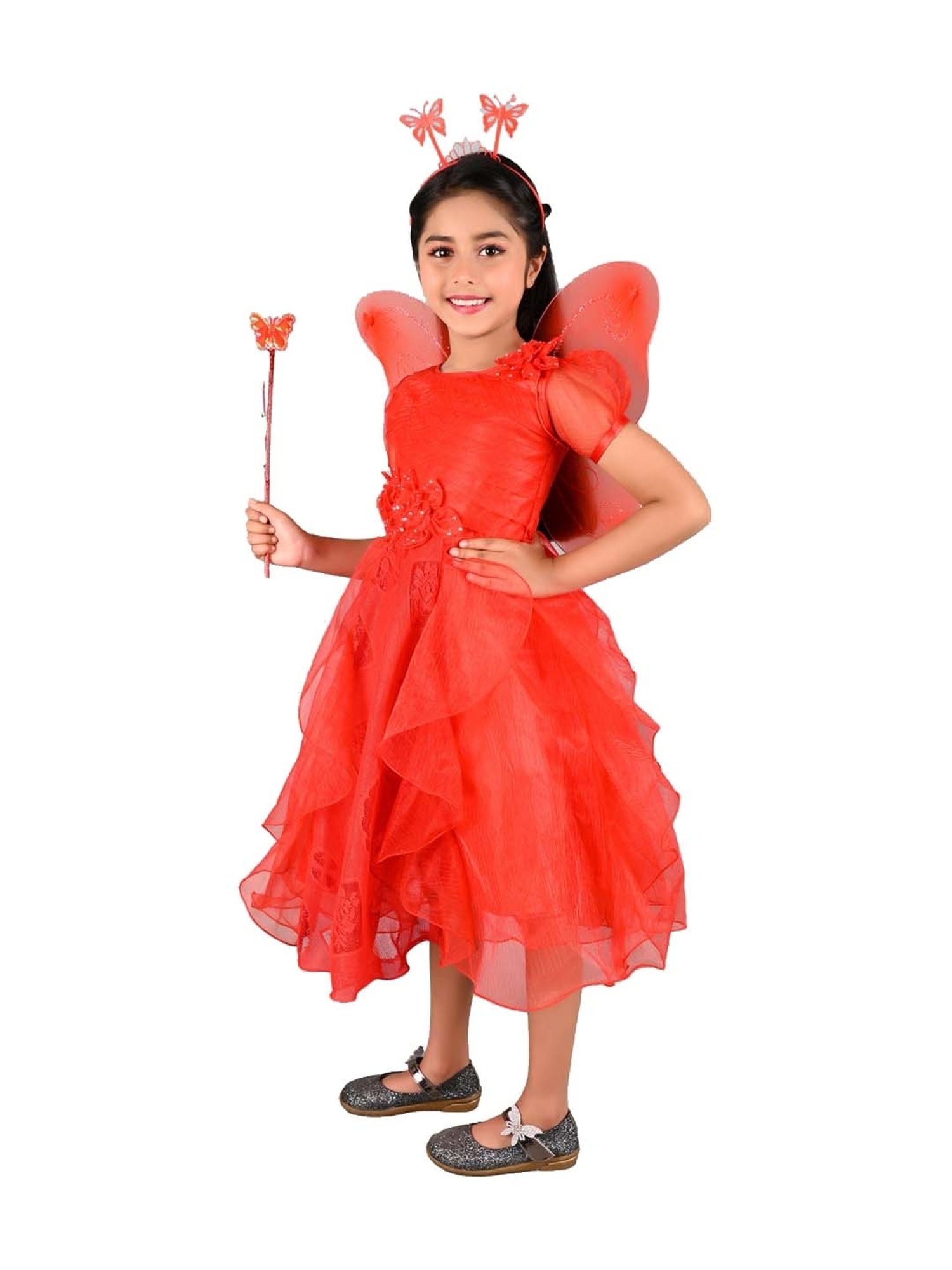 Ahhaaaa Kids Red Cotton Sequence Dress
