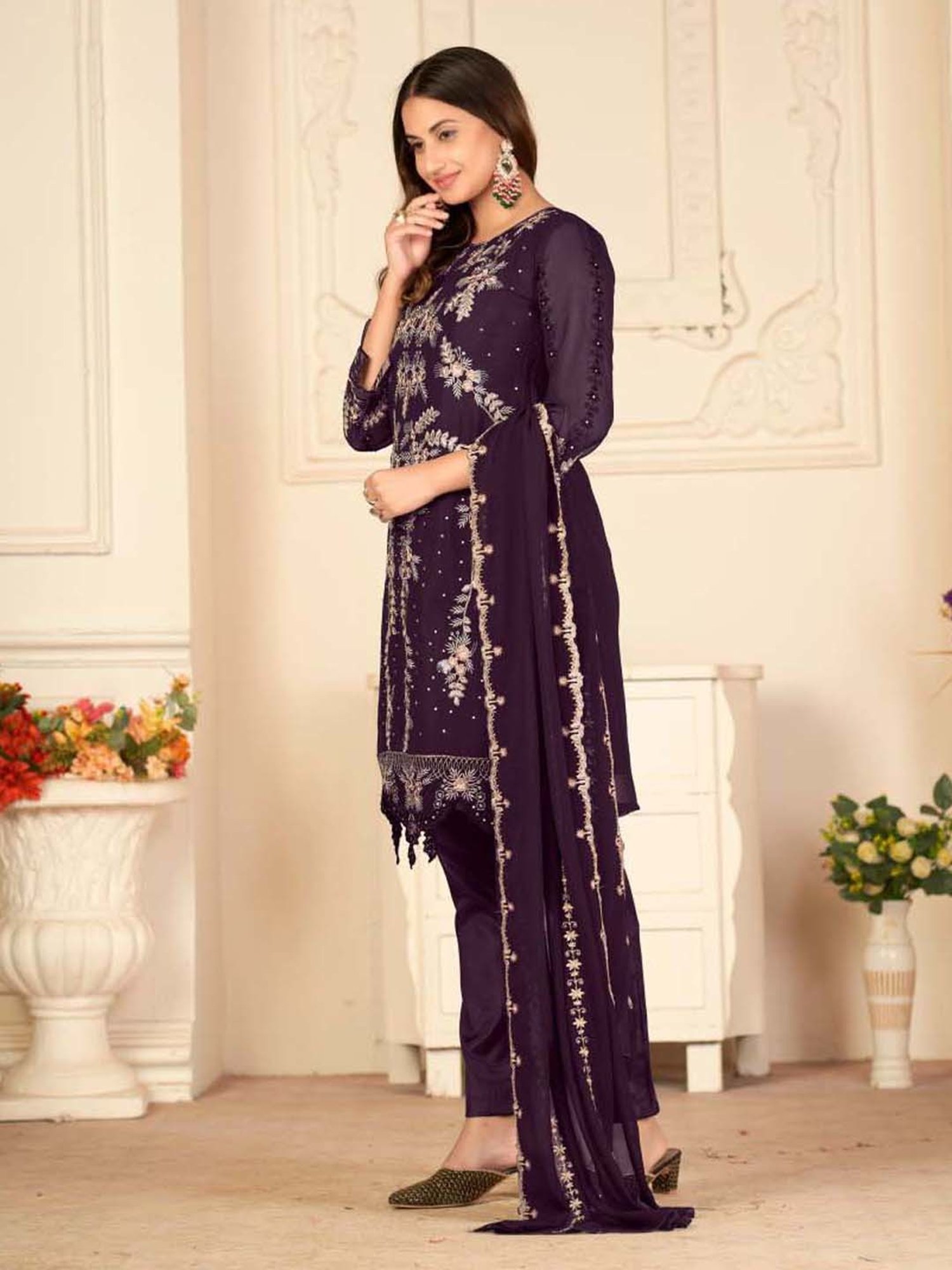 Warthy Ent Purple Embroidered Semi Stitched Dress Material