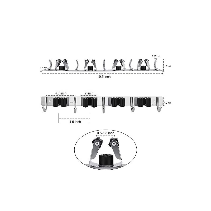 Garage Storage Stainless Steel Mop Broom Holder Wall Mount Heavy Duty Tools Hanger with 4 Racks 5 Hooks for Kitchen Bathroom Closet Garage Office Garden