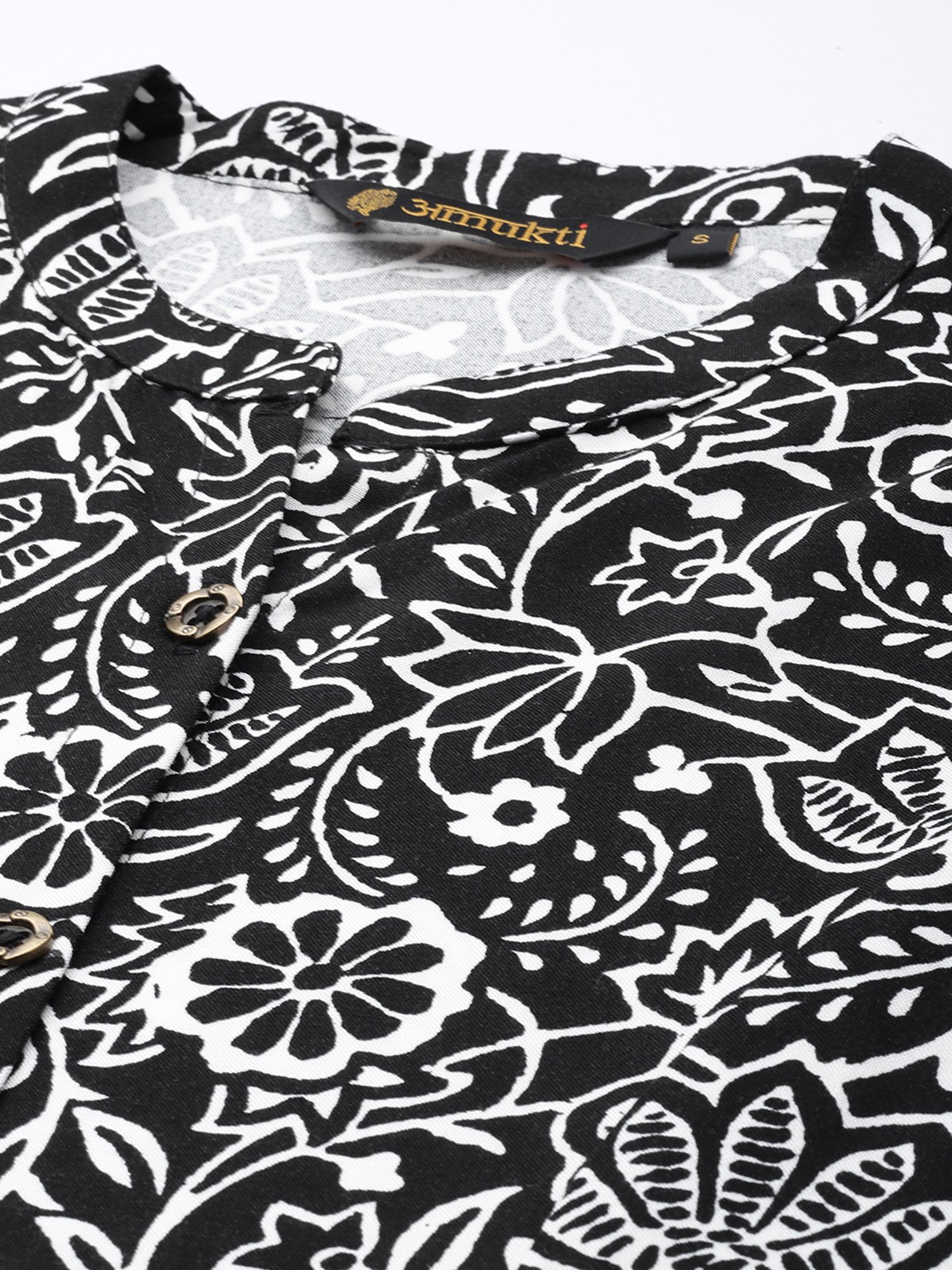 Amukti Black Rayon Floral Print A-Line Kurta