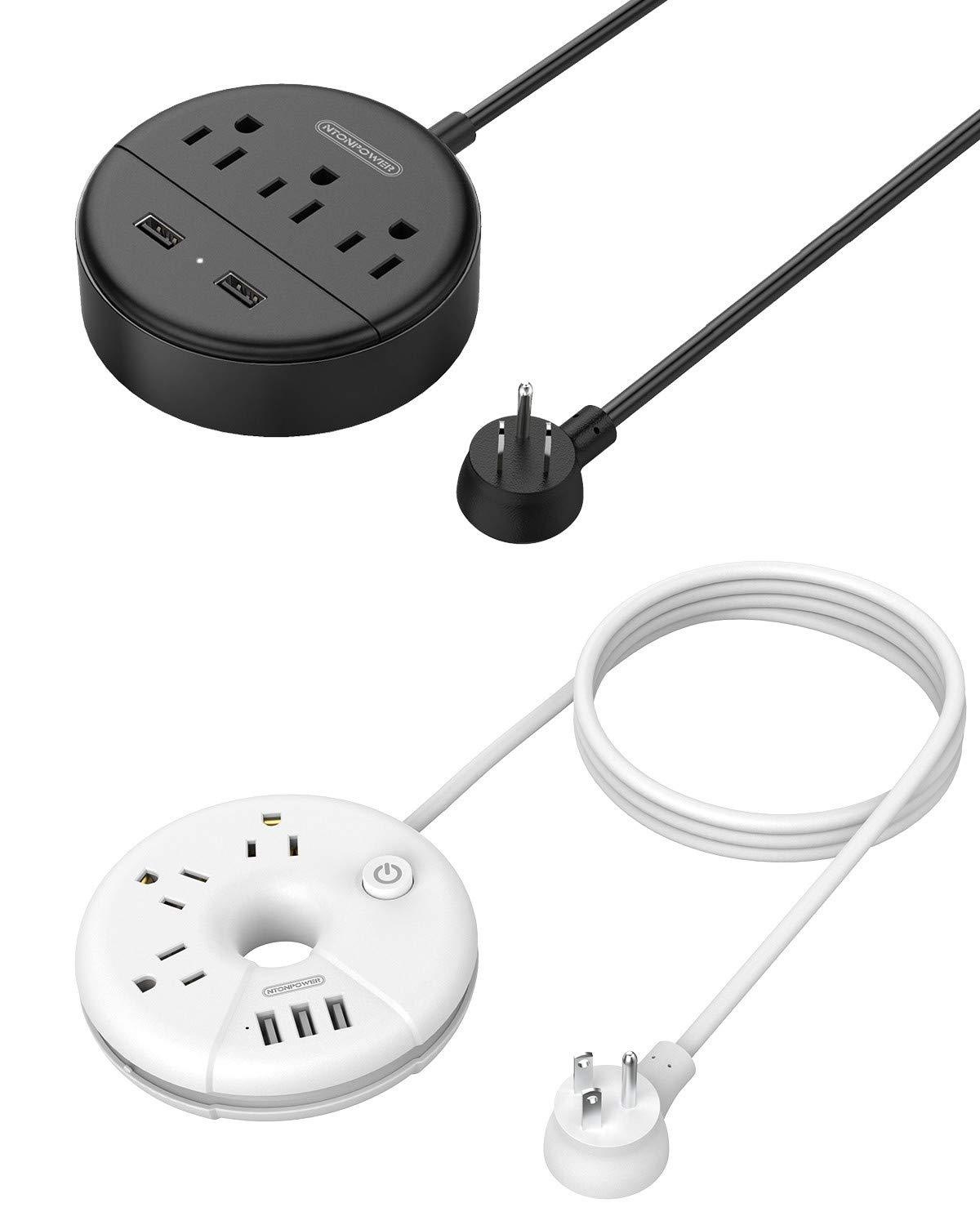 NTONPOWER Flat Plug Power Strip with USB Bundle, 3 Outlets Compact Power Strip with 5 ft Cord and 10 ft Long Extension Cord, Right Angle Plug, Wall Mount for Office, Home, Nightstand, Dorm Essentials