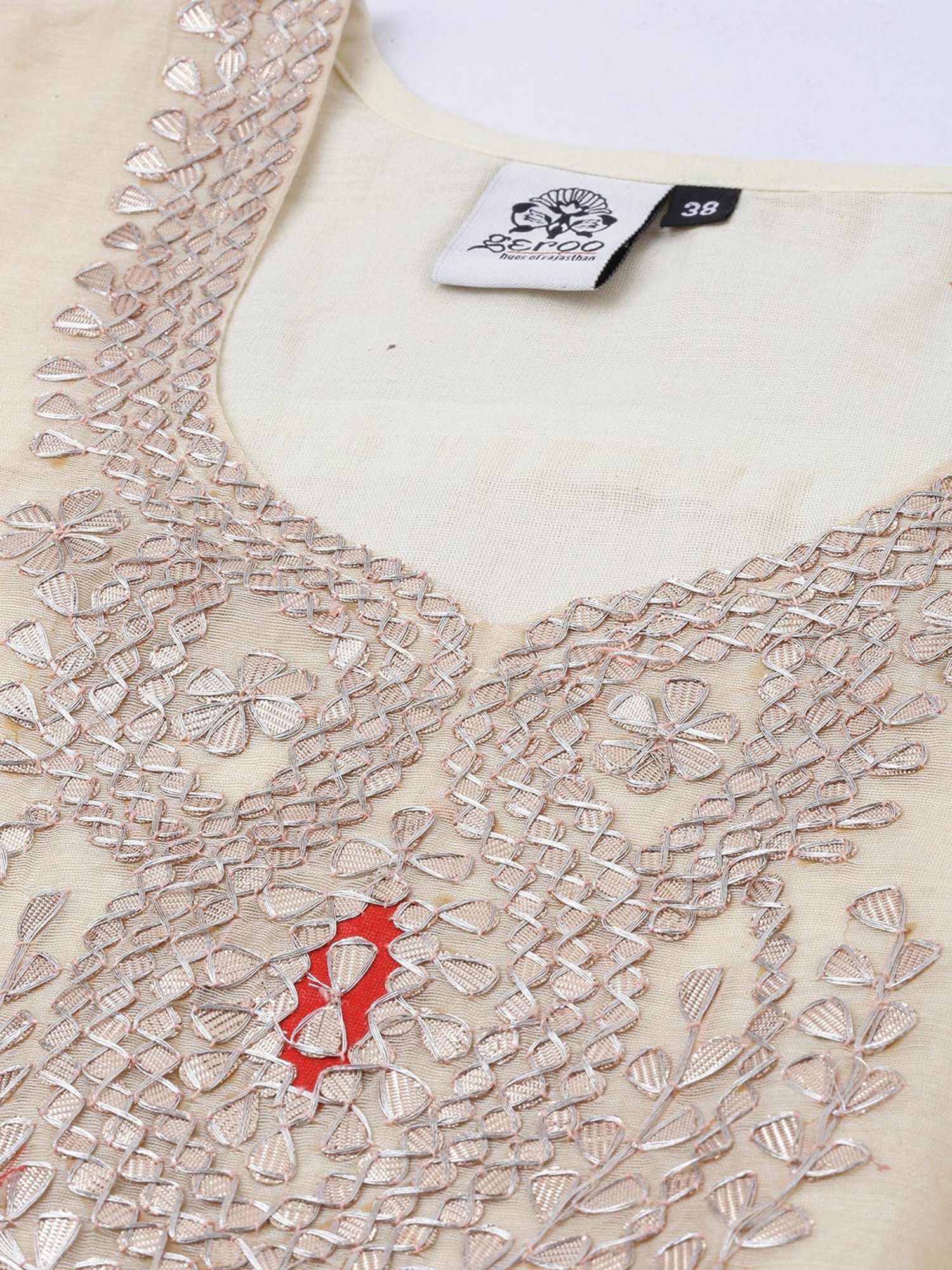 Geroo Jaipur Beige Hand Embroidered Chanderi Silk Kurta with Red Palazzo