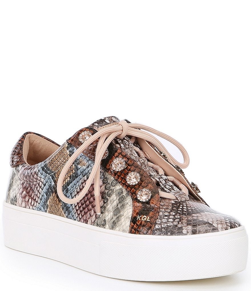 Kurt Geiger London Liviah Snake Print Leather Jewel Stud Detail Lace-Up Sneakers