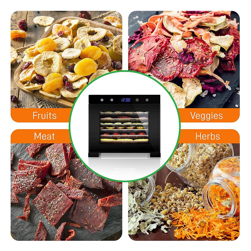 NutriChef Electric Countertop 600 Watts Multi Tier Food Dehydrator Machine with 6 Stainless Steel Trays, Digital Timer, &Temperature Control, Silver