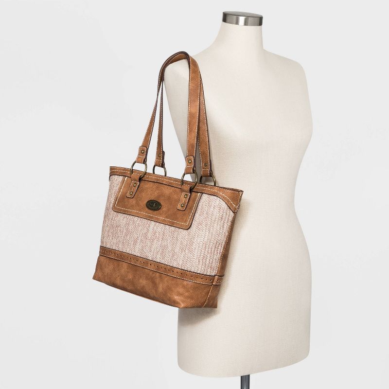 Bolo Snap Closure Zip Zag Straw Tote Handbag - Brown