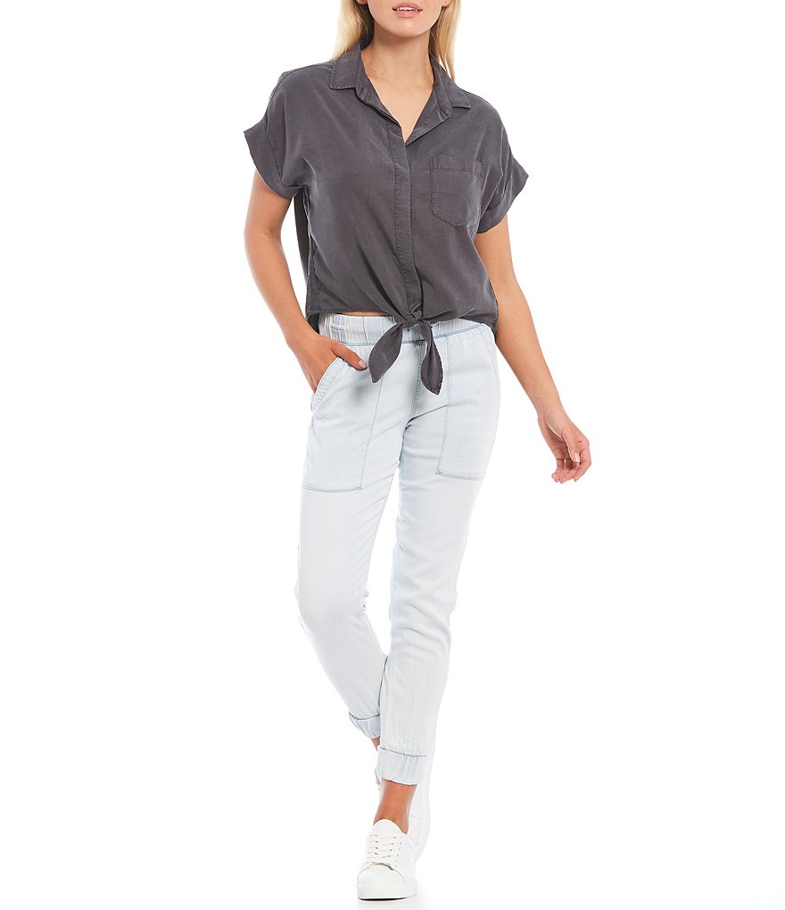 Cloth & Stone Woven Trimmed Short Sleeve Coordinating Tie Front Top