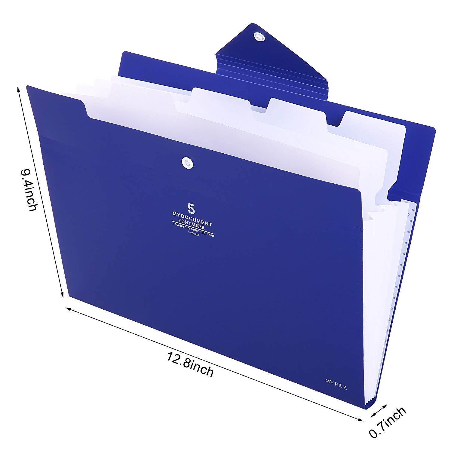 Skydue PP Expanding File Folder Accordion Documents Letters Organizer, 5 Pockets, A4 Size (Navy Blue)
