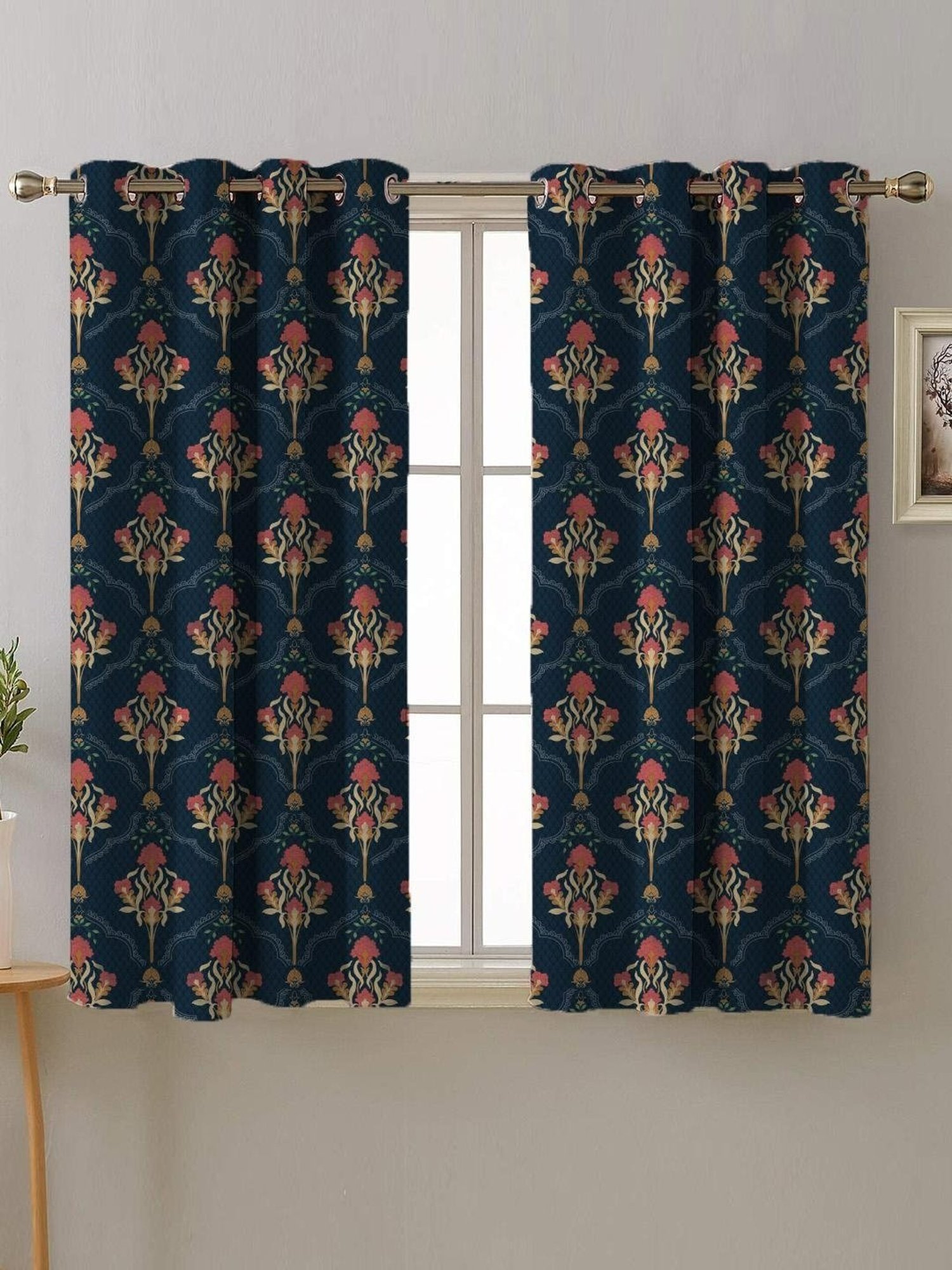SPACES DRAPE STORY Elegent Digital Print Blue & Coral Polyester 5 ft Window Curtains - Set of 2