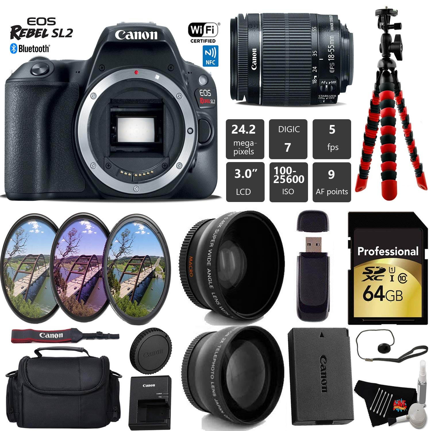 Canon EOS Rebel SL2 DSLR Camera with 18-55mm is STM Lens + UV FLD CPL Filter Kit + Wide Angle & Telephoto Lens + Camera Case + Tripod + Card Reader - Intl Model