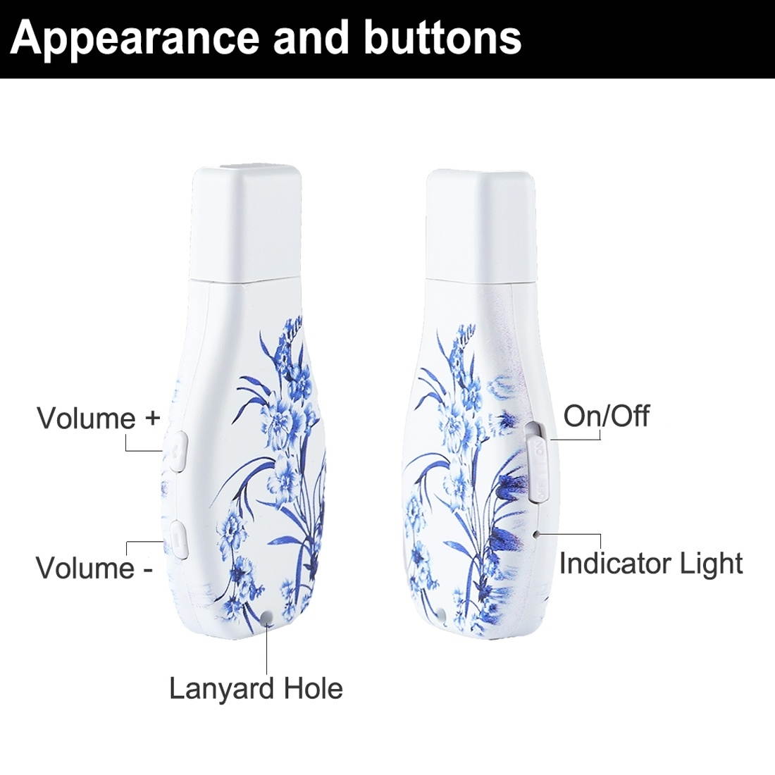 Flowers Blue and White Porcelain Pattern Portable Audio Voice Recorder USB Drive, 16GB, Support Music Playback