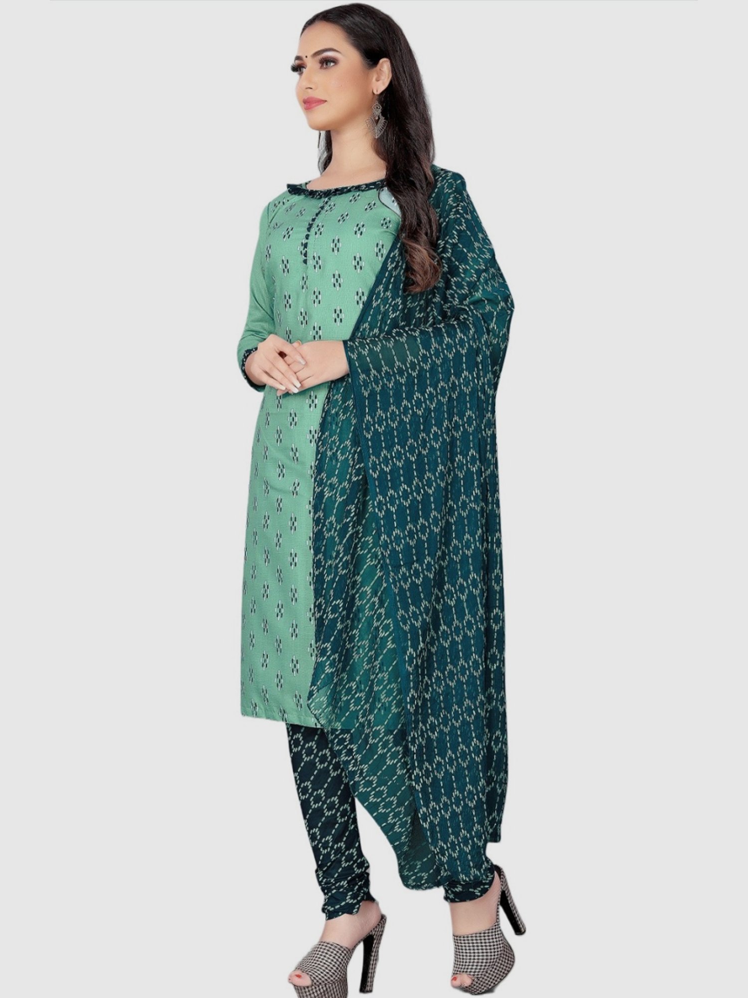 APNISHA Green Cotton Printed Unstitched Dress Material