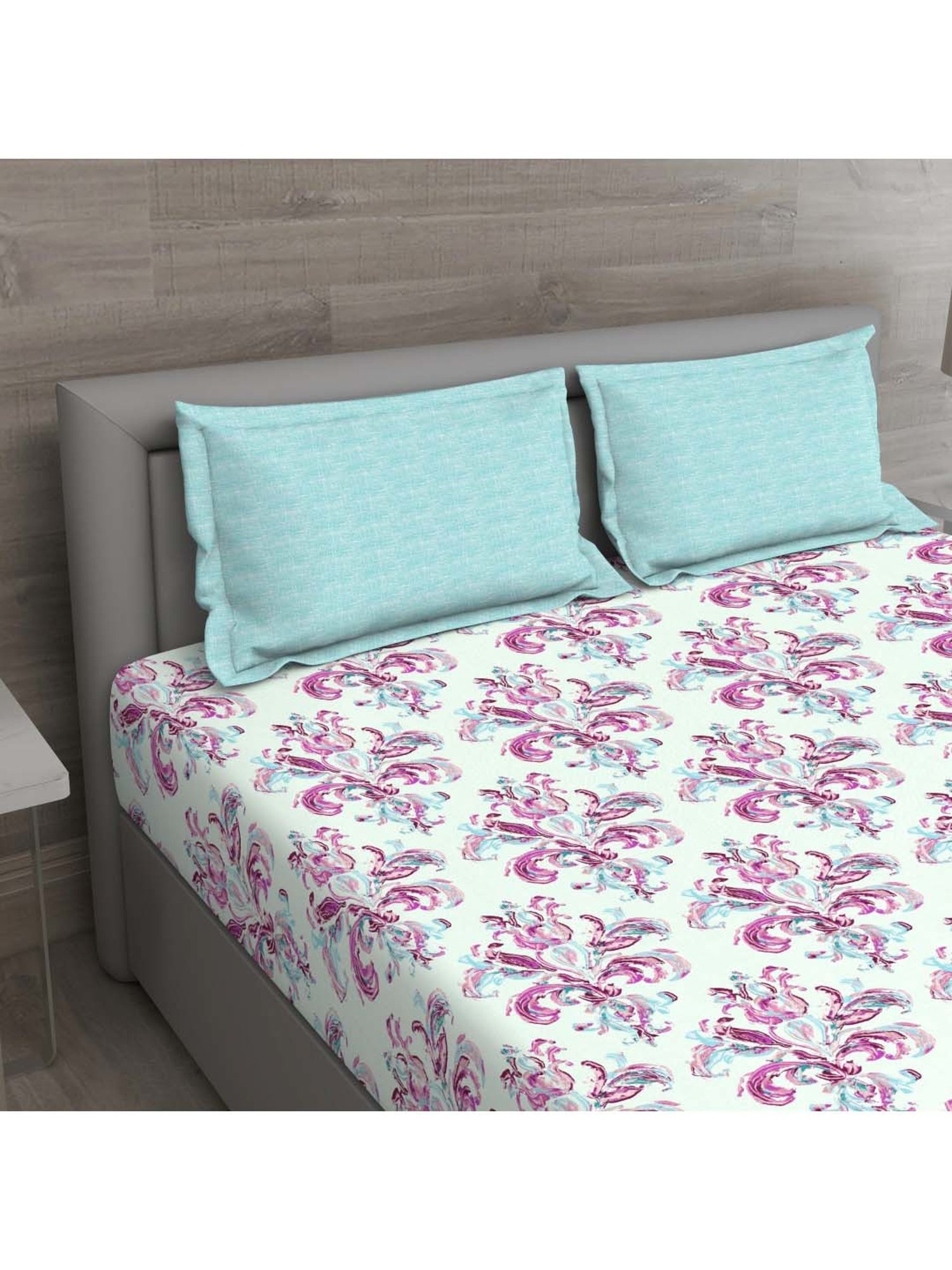 GM 'Matthiola' Sage Green & Pink Cotton 150 TC Double Bedsheet with 2 Pillow Covers