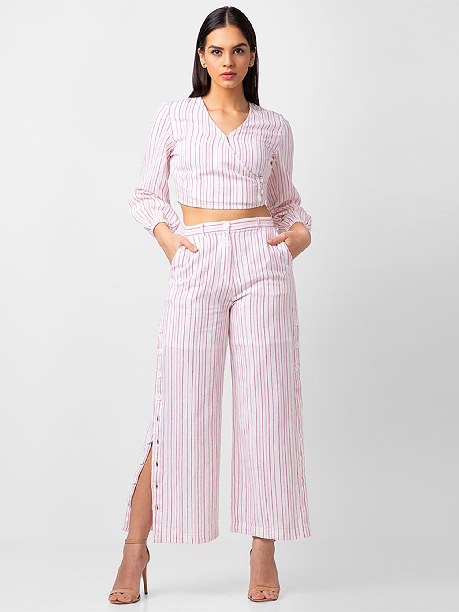 Spykar White & Pink Cotton Striped Top