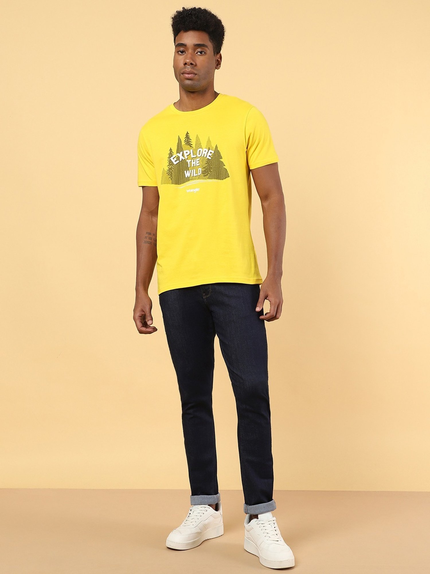 Wrangler Lemon Yellow Cotton Regular Fit Printed T-Shirt