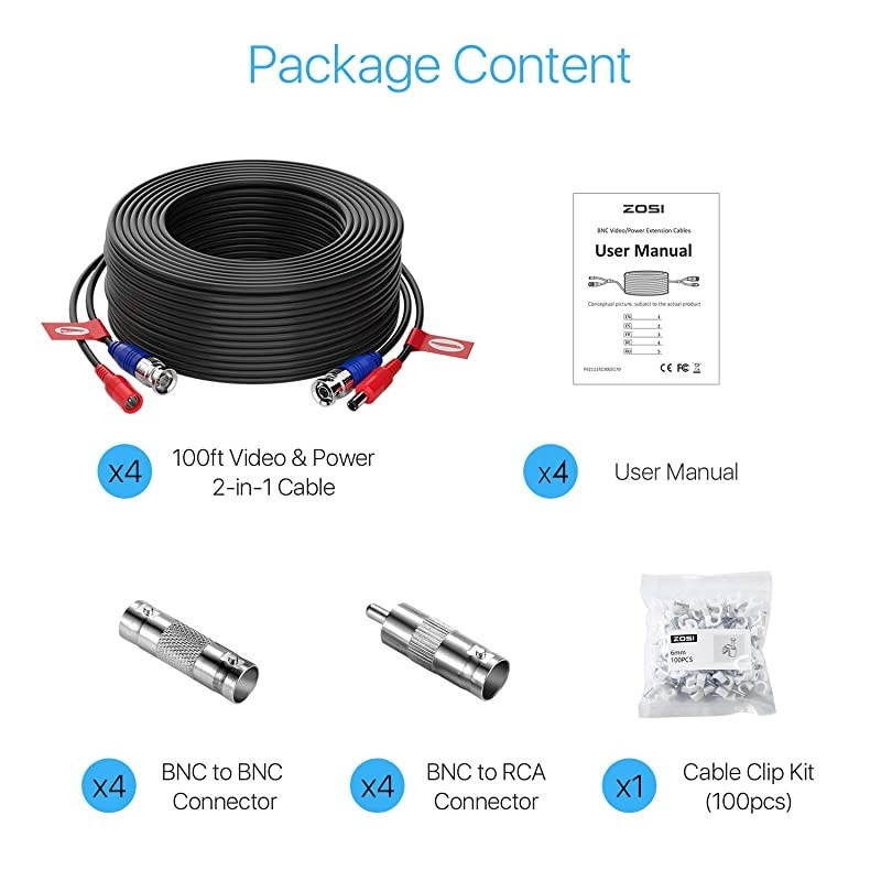 4 Pack 100ft 30 Meters 2in1 Video Power Cable BNC Extension Surveillance Camera Cables for Video Security Systems Included 4X BNC Connectors and 4X RCA Adapters