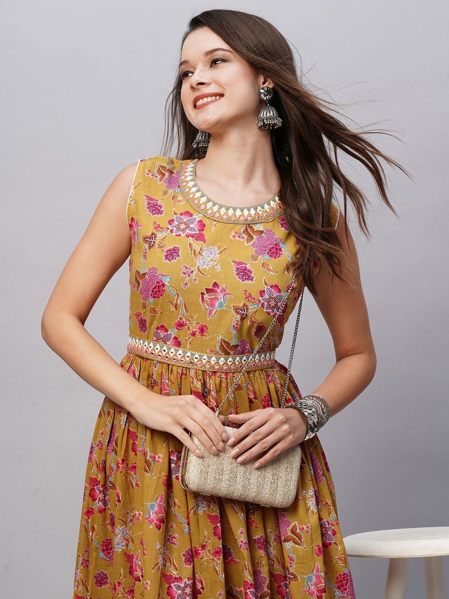 KIANA Brown Cotton Printed Maxi Dress