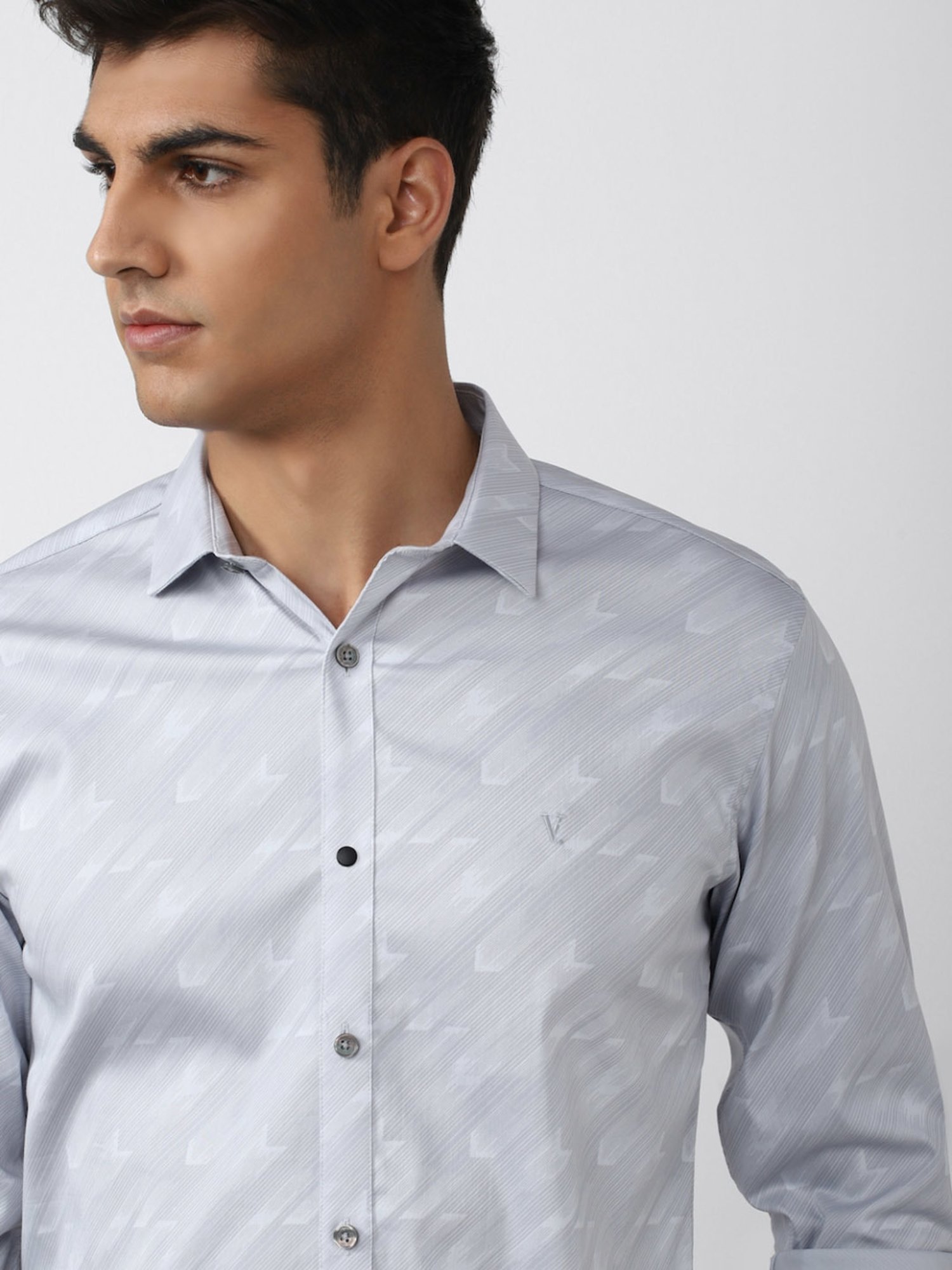 V Dot Grey Slim Fit Printed Shirt